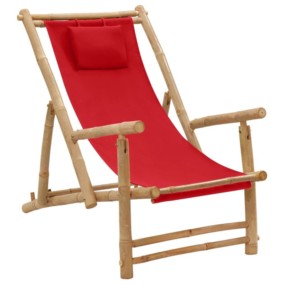 Vidaxl (Red) Deck Chair Bamboo And Canvas Patio Seat Outdoor Seating Garden Chair Red