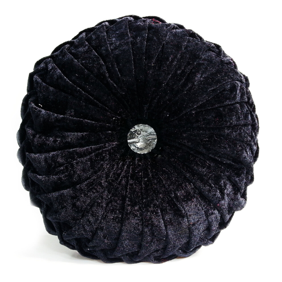 (Black) Round Cushion Crushed Velvet Diamante Chic Filled