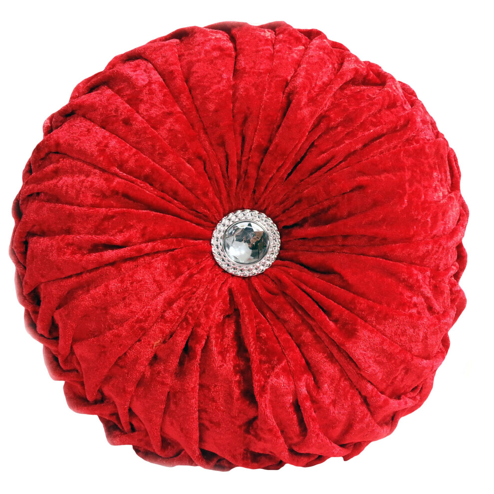 (Red) Round Cushion Crushed Velvet Diamante Chic Filled