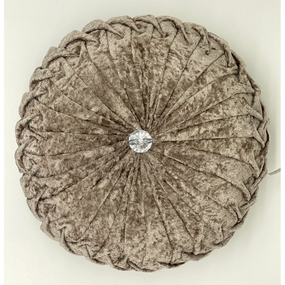 (Beige) Round Cushion Crushed Velvet Diamante Chic Filled