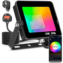 35W Smart RGB LED Flood Light - Bluetooth App Control, IP66 Waterproof, Dimmable, Indoor/Outdoor, UK 3-Pin Plug, 16M Colors