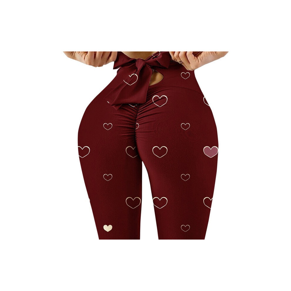 (Red Heart, M) Wave Point Bow Yoga Pants for Women Push Up Workout Sport Fitness High Waist Squat Proof Leggings
