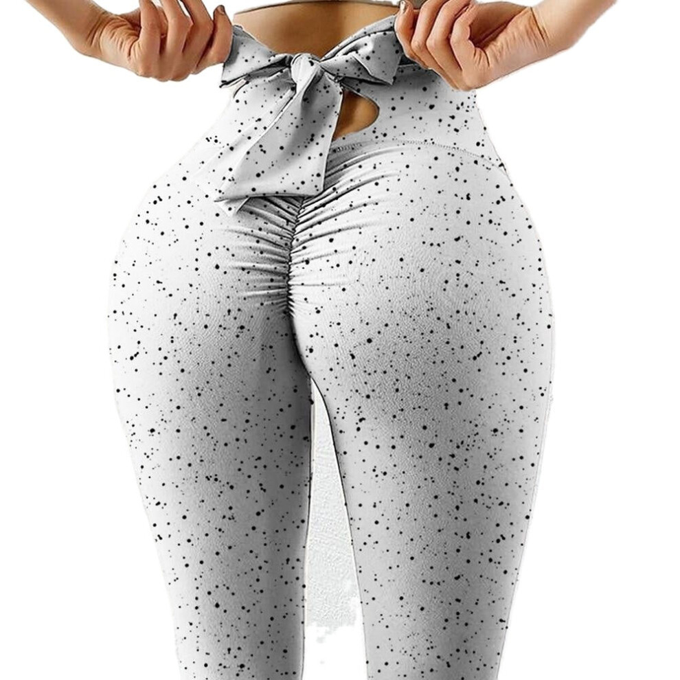 (Silver, XL) Wave Point Bow Yoga Pants for Women Push Up Workout Sport Fitness High Waist Squat Proof Leggings