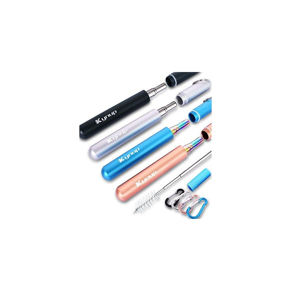 Kynup Metal Drinking Straw, 4Packs Reusable Straw Collapsible with Silicon, Stainless Ttravel Straws with Metal Case, Keychain, Cleaning Brushes,