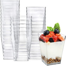 KAHEIGN 50Pcs Mini Dessert Cups, 240ml Plastic Square Dessert Cups Clear Parfait Appetizer Cup Reusable Serving Bowl for Dessert Pudding Mousse Party
