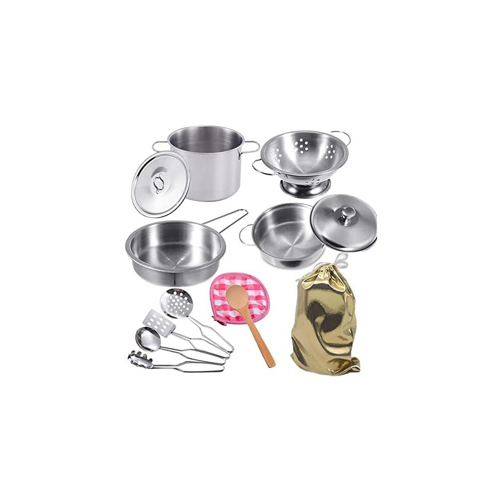 GOLCUGYJH Stainless Steel Pretend Cooking Utensils Cookware Set,Mini Play Kitchen Accessories,Play Pots and Pans Toys Packed in a golden cloth bag for