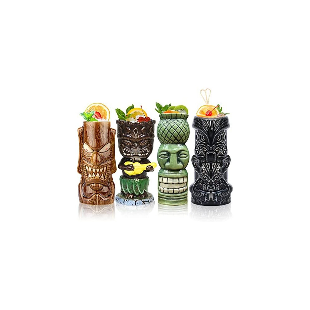 Tiki Mugs Glasses Tiki Mug for Cocktails Set of 4 Large Ceramic Tropical Cups Hawaiian Tiki Party Creative Cocktail Glass Drinks Bar Drinkware Premium