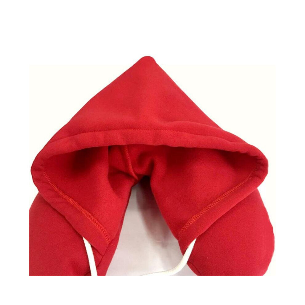 (Red) Hooded Travel Neck Pillow Support U-Shaped Eye Mask