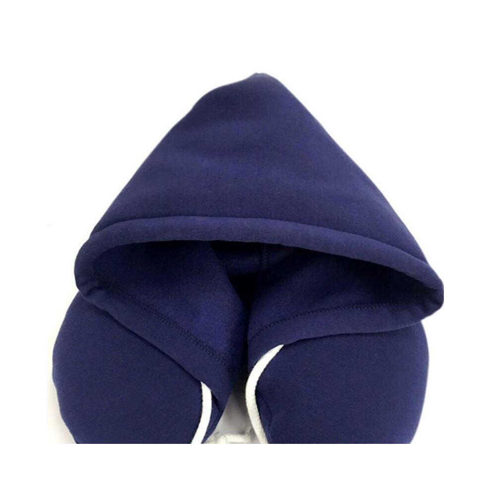 (Blue) Hooded Travel Neck Pillow Support U-Shaped Eye Mask