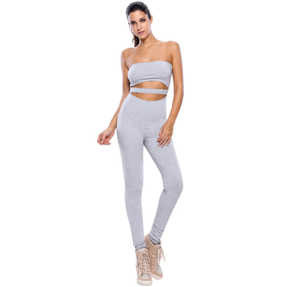 (Grey, L) Women Rompers Capri Long Pants Cutout Strapless Fitness Bodycon