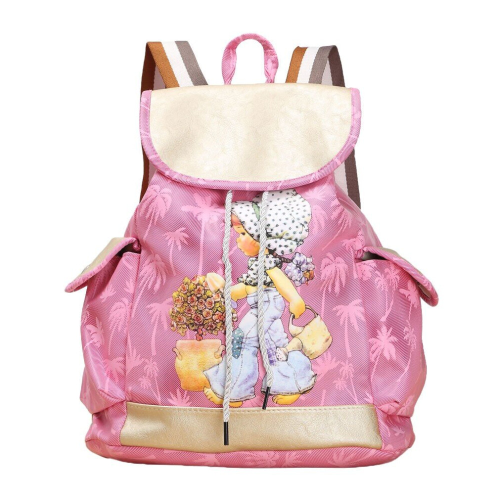 (Rose) Women Candy Color Backpack PU Leather Girl Pattern Drawstring Casual Cute School Travelling Bag