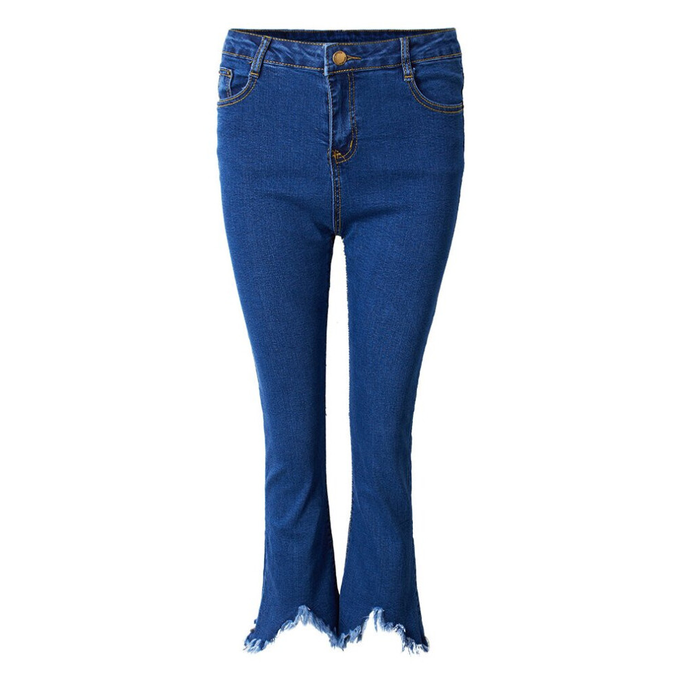 (Blue, XS) Casual Women Zipper Slim Ripped Tassel Flare Ninth Denim Jeans