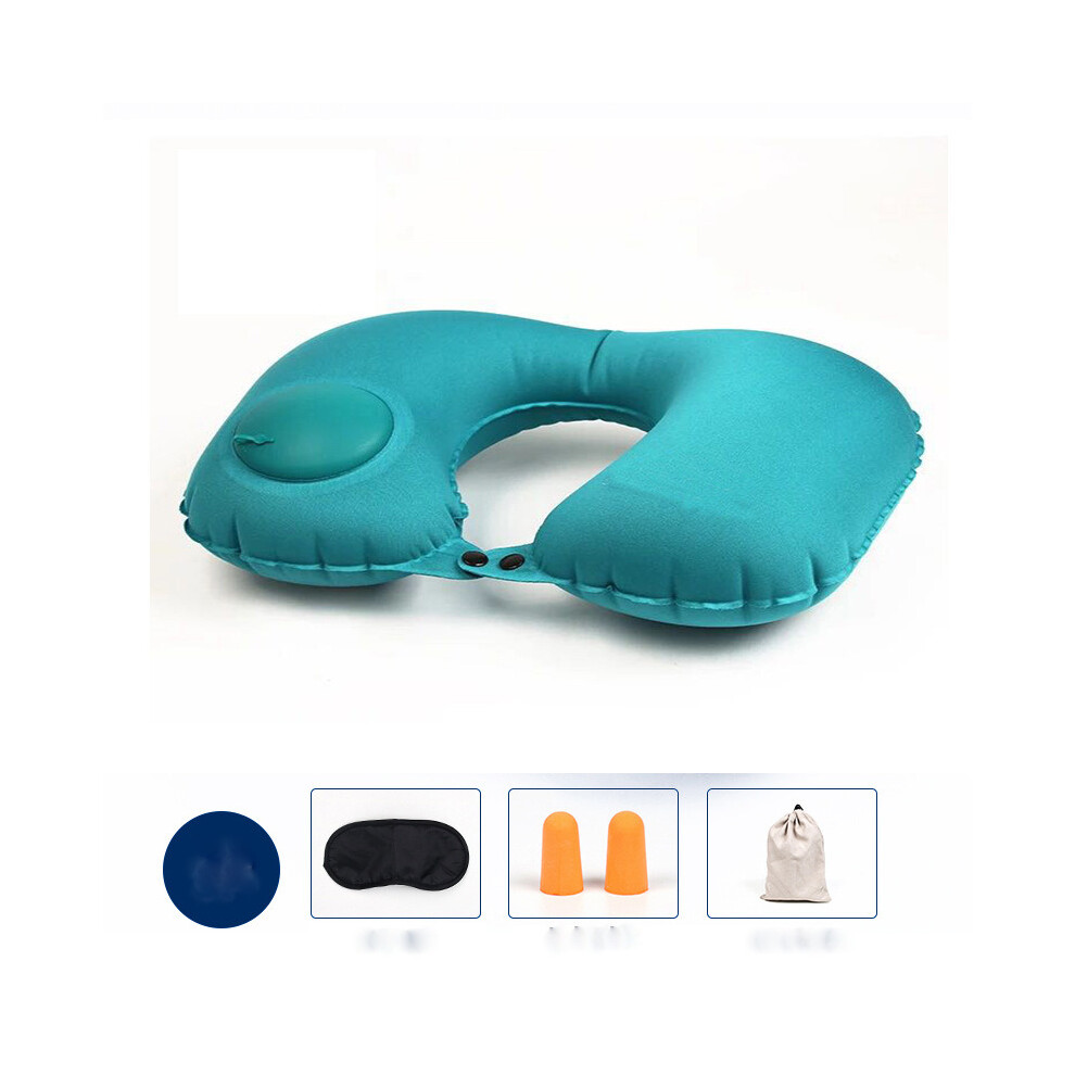 (Blue) Press-inflatable U-shaped Pillow Functional Air Travel Cushion Office Travel Pillow Creative Portable Neck Pillow