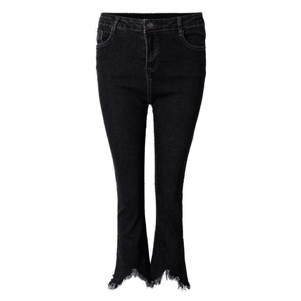 (Black, M) Casual Women Zipper Slim Ripped Tassel Flare Ninth Denim Jeans