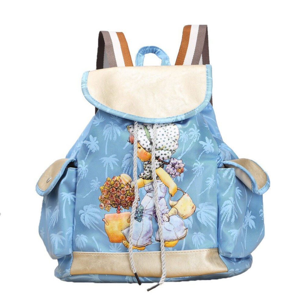 (Blue) Women Candy Color Backpack PU Leather Girl Pattern Drawstring Casual Cute School Travelling Bag
