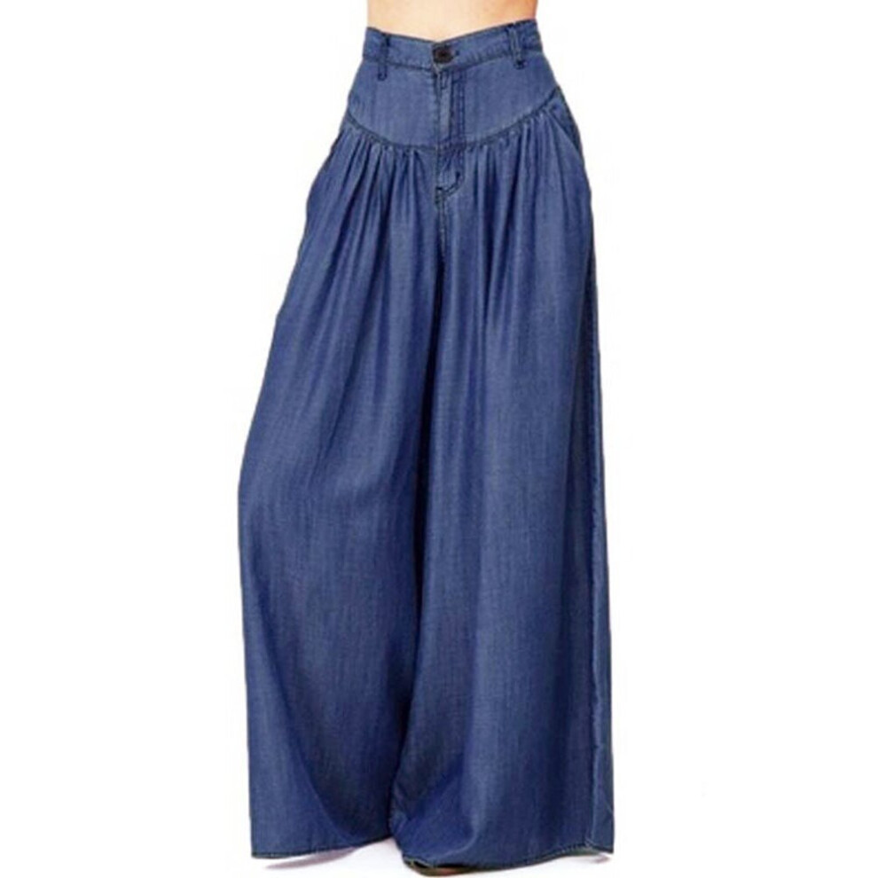 (Blue, XL) Wide Leg Casual Pure Color Side Pocket Trousers Baggy Pants