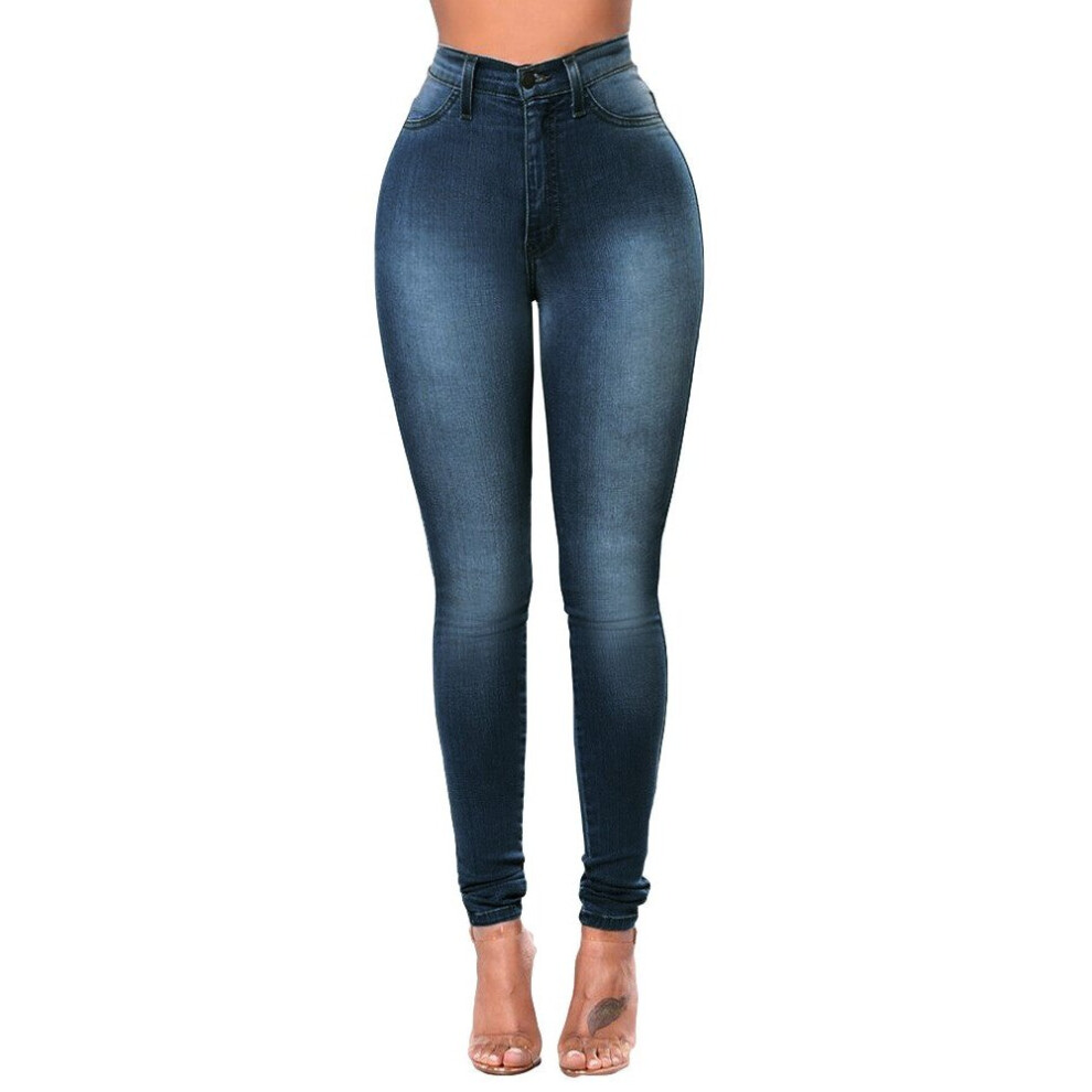 (Dark Blue, 2XL) Women Skinny Denim Jeans Classic High Waist Washed Slim Pants Tights Pencil Trousers