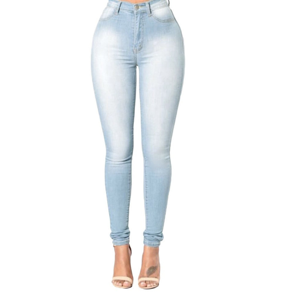 (Light Blue, L) Women Skinny Denim Jeans Classic High Waist Washed Slim Pants Tights Pencil Trousers