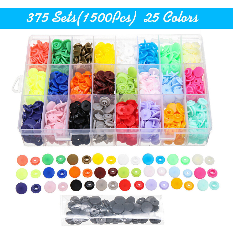 (B) 375 Sets T5 Snap Poppers Fasteners Plastic Buttons 25 colors Pliers Punching Tool