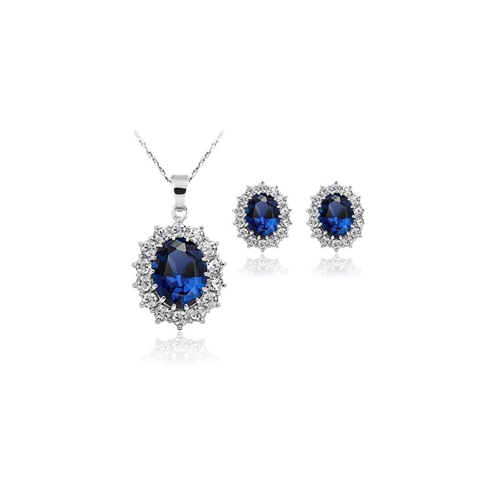 Women Princess Blue Sapphire Jewellery Pendant Necklace Earrings Set for Women Princess Diana Kate Middleton's Jewellery Set