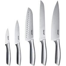 hecef Premium Kitchen Knife Set of 5, Satin Finish Blade with Hollow Handle, Includes 8" Chef, 8" Bread Knife,8" Santoku,5" Utility & 3.5" Paring