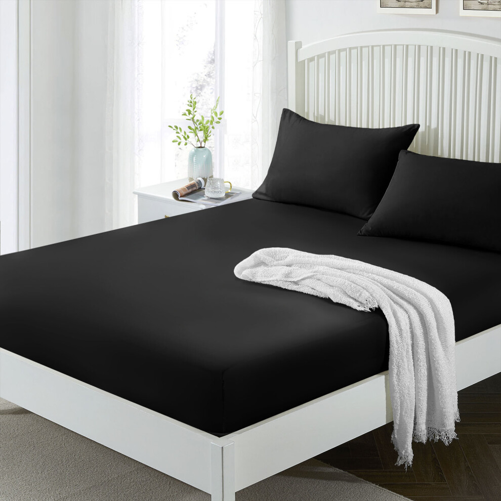 (Black, Double ) 25cm Fitted Sheet Bed Sheet For Mattress All Size