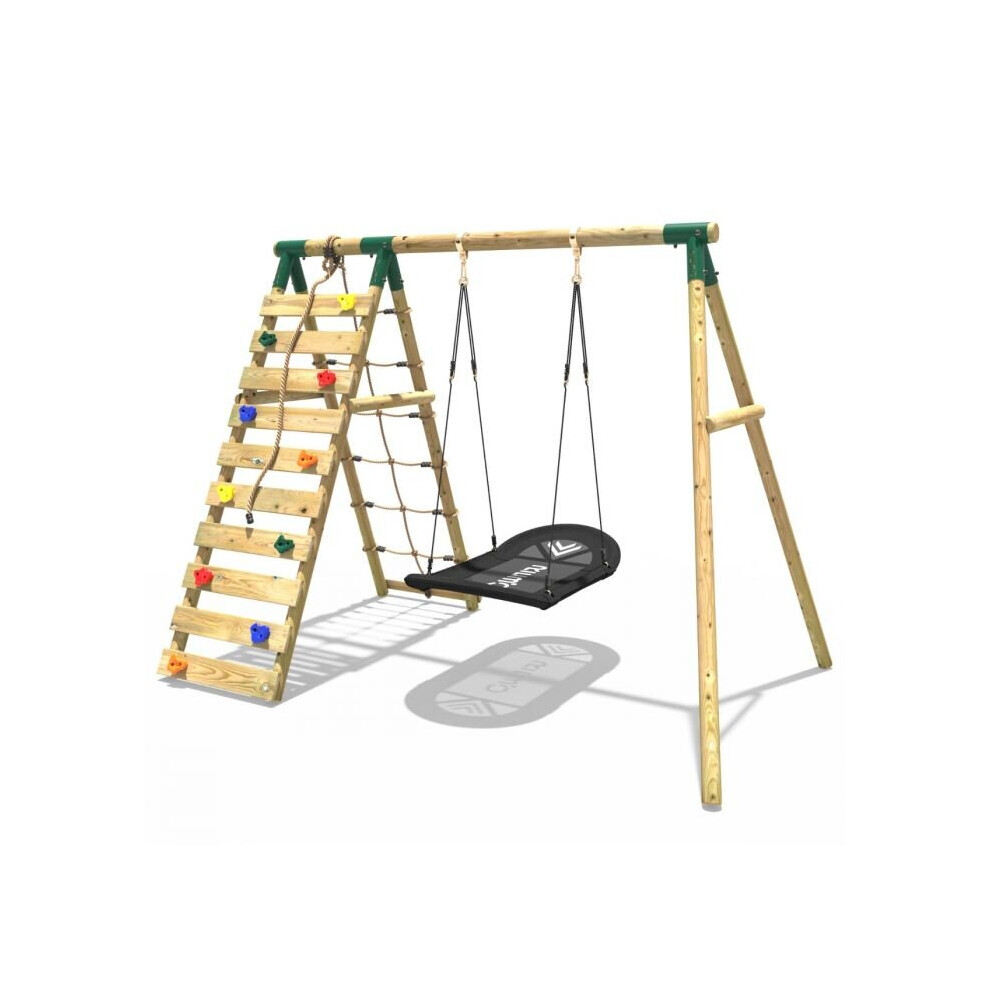 (Eden, Green) Rebo Wooden Swing Set with Up and Over Climbing Wall