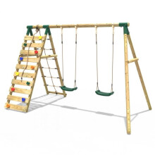 (Ela, Green) Rebo Wooden Swing Set with Up and Over Climbing Wall