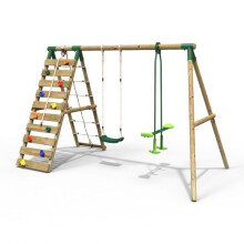 (Isla, Natural) Rebo Wooden Swing Set with Up and Over Climbing Wall