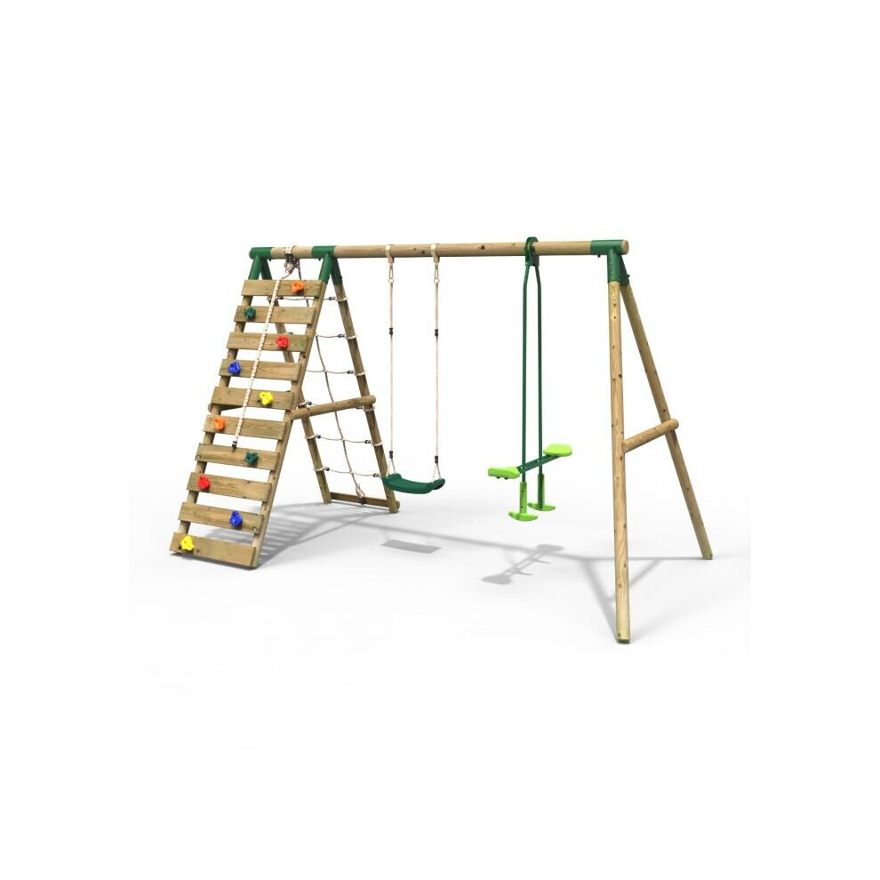 Rebo (Isla, Natural) Wooden Swing Set With Up And Over Climbing Wall