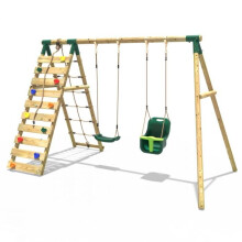 (Kai, Green) Rebo Wooden Swing Set with Up and Over Climbing Wall
