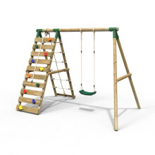 (Aria, Green) Rebo Wooden Swing Set with Up and Over Climbing Wall