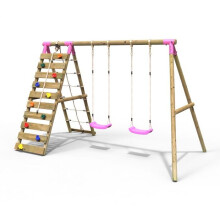 (Ela, Pink) Rebo Wooden Swing Set with Up and Over Climbing Wall