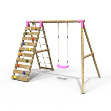 (Aria, Pink) Rebo Wooden Swing Set with Up and Over Climbing Wall