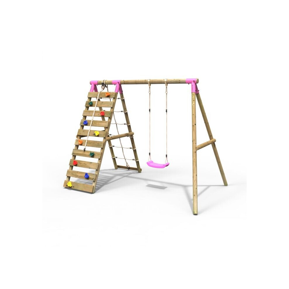 (Aria, Pink) Rebo Wooden Swing Set with Up and Over Climbing Wall