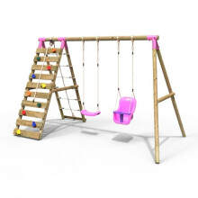 (Kai, Pink) Rebo Wooden Swing Set with Up and Over Climbing Wall