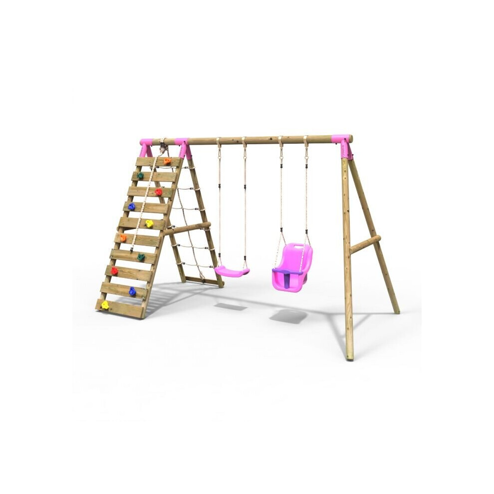 (Kai, Pink) Rebo Wooden Swing Set with Up and Over Climbing Wall