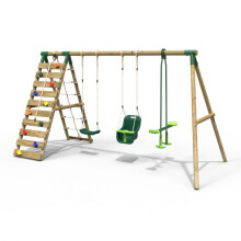 (Sienna, Green) Rebo Wooden Swing Set with Up and Over Climbing Wall