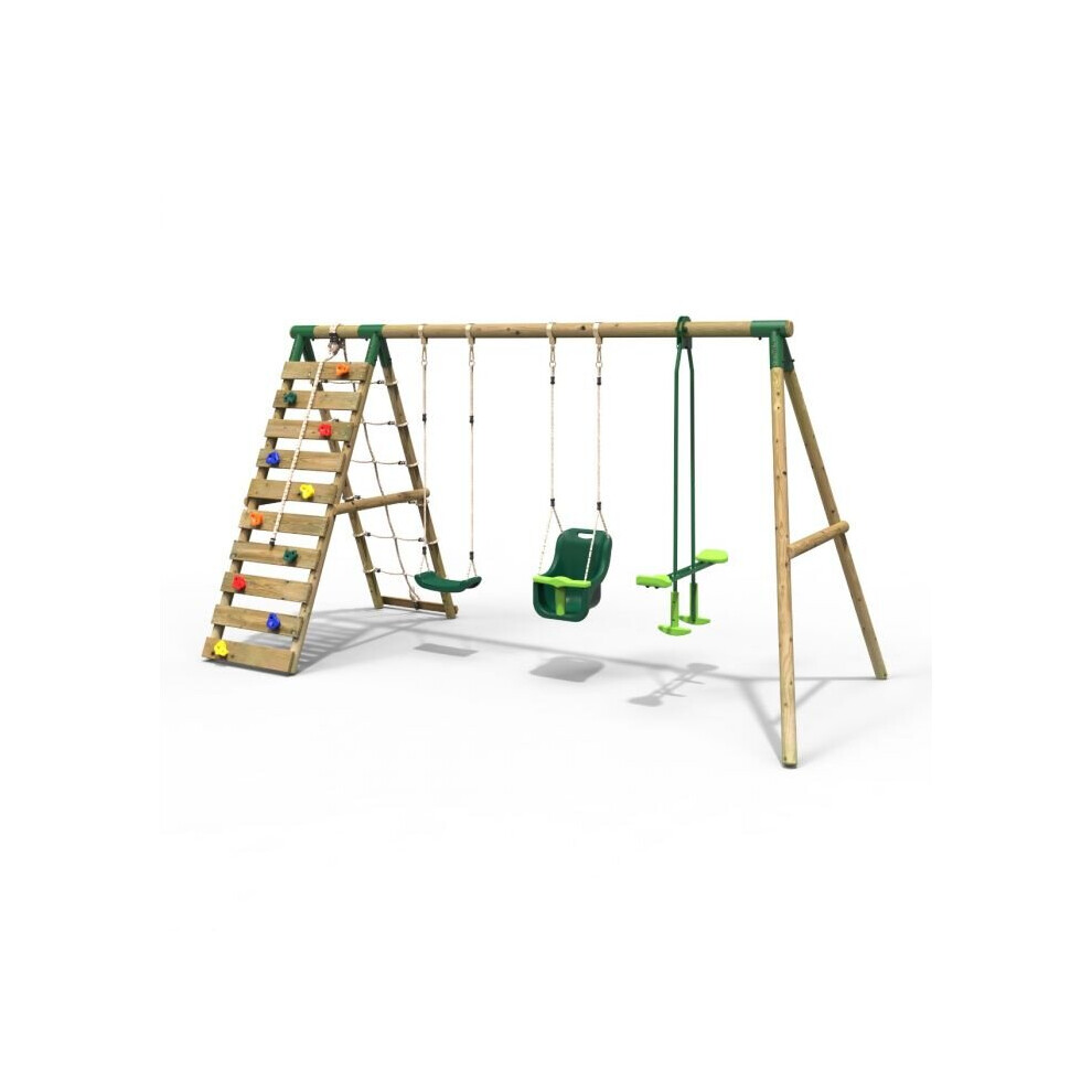 (Sienna, Green) Rebo Wooden Swing Set With Up And Over Climbing Wall