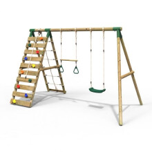 (Savannah, Green) Rebo Wooden Swing Set with Up and Over Climbing Wall