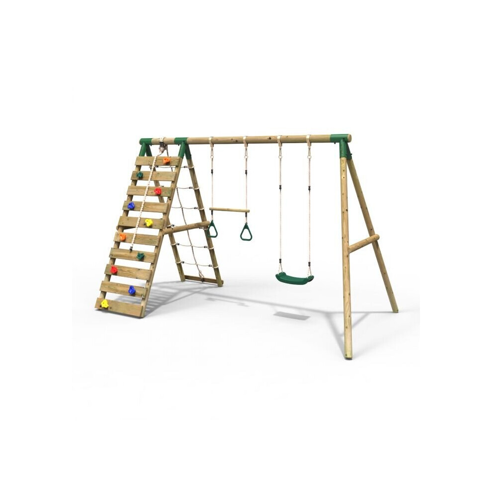 (Savannah, Green) Rebo Wooden Swing Set with Up and Over Climbing Wall