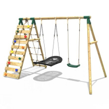 (Sage, Green) Rebo Wooden Swing Set with Up and Over Climbing Wall