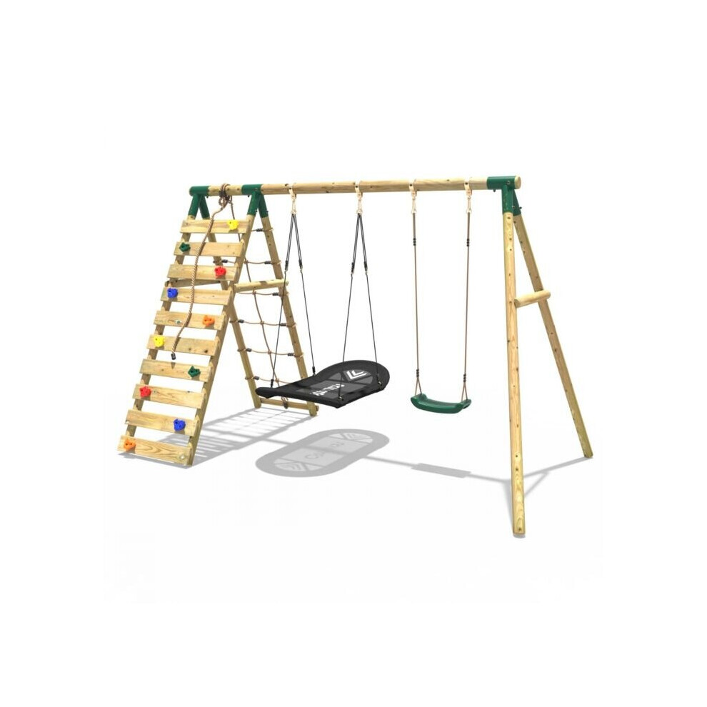 (Sage, Green) Rebo Wooden Swing Set with Up and Over Climbing Wall