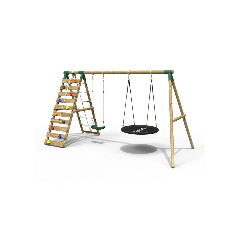 (Vale, Green) Rebo Wooden Swing Set with Up and Over Climbing Wall