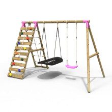 (Sage, Pink) Rebo Wooden Swing Set with Up and Over Climbing Wall