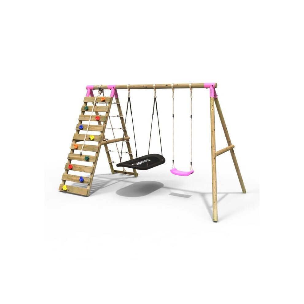 (Sage, Pink) Rebo Wooden Swing Set with Up and Over Climbing Wall