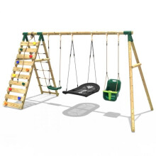 (Skye, Green) Rebo Wooden Swing Set with Up and Over Climbing Wall