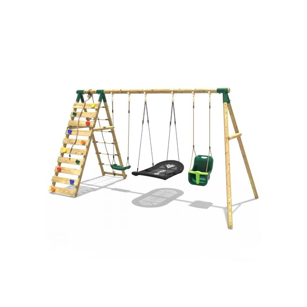 (Skye, Green) Rebo Wooden Swing Set with Up and Over Climbing Wall