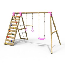 (Savannah, Pink) Rebo Wooden Swing Set with Up and Over Climbing Wall