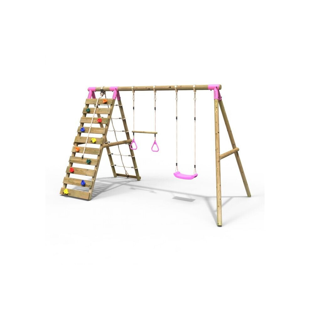 Rebo (Savannah, ) Wooden Swing Set With Up And Over Climbing Wall Pink